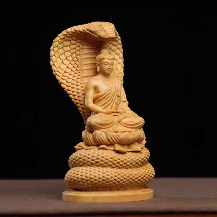 South American Boxwood Carved Snake Buddha Shakyamuni Statue Car Home Decor Ornament