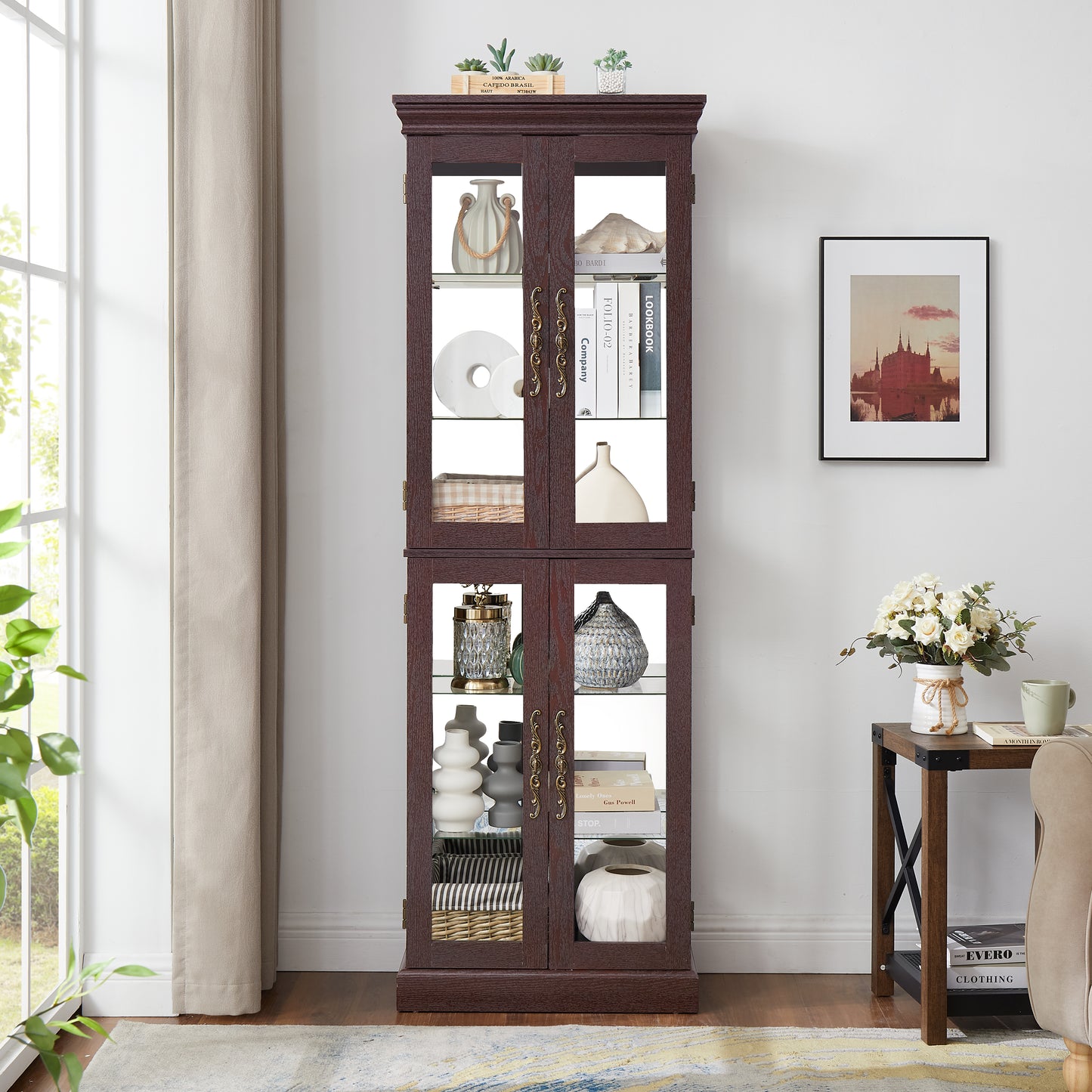 Lighted Glass Curio Display Cabinet,Display Cabinet,Glass Storage Cabinet Glass Wine Cabinet Wood Frame Toy Display For Living Room, Kitchen, Pantry Light Bulb Included Dark Cherry