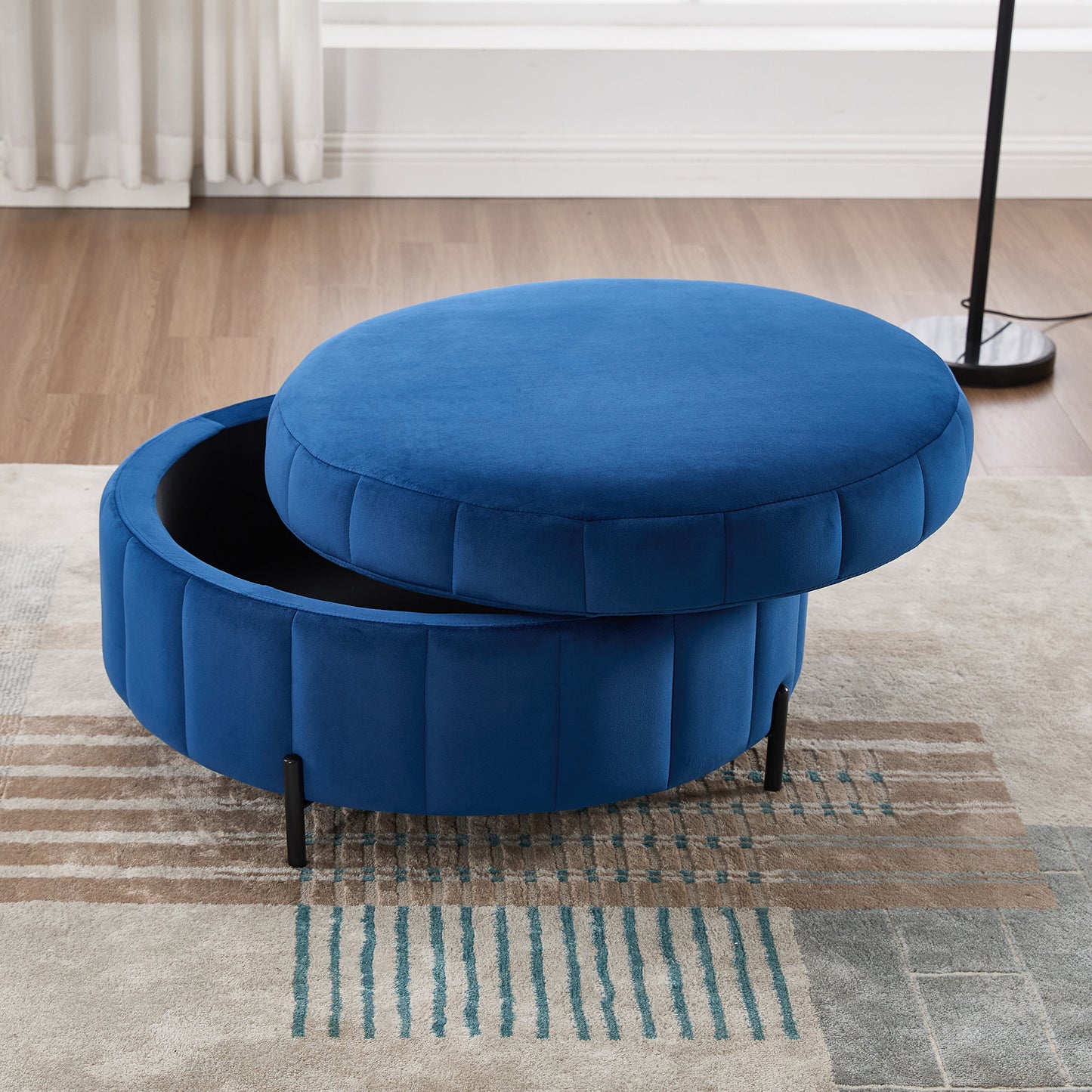 31.5 W Upholstered Round Ottoman With Reversible Lid, Velvet Storage Stool, Channel Tufted Pumpkin-shape Footstool For Living Room, Bedroom And Office, Navy