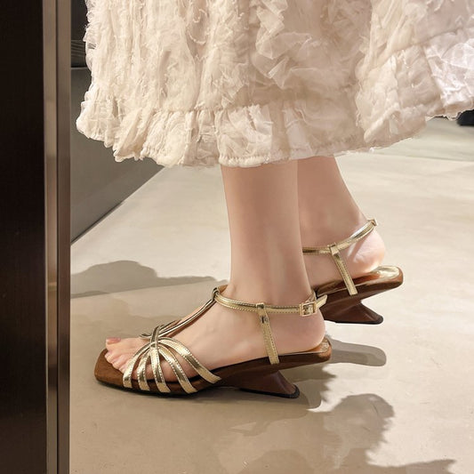 French Style Exquisite Small Sandals For Women's Summer Outdoor Wear. Square Toe, Comfortable, Thick Heel, Not Tiring. Roman High-heeled Sandals