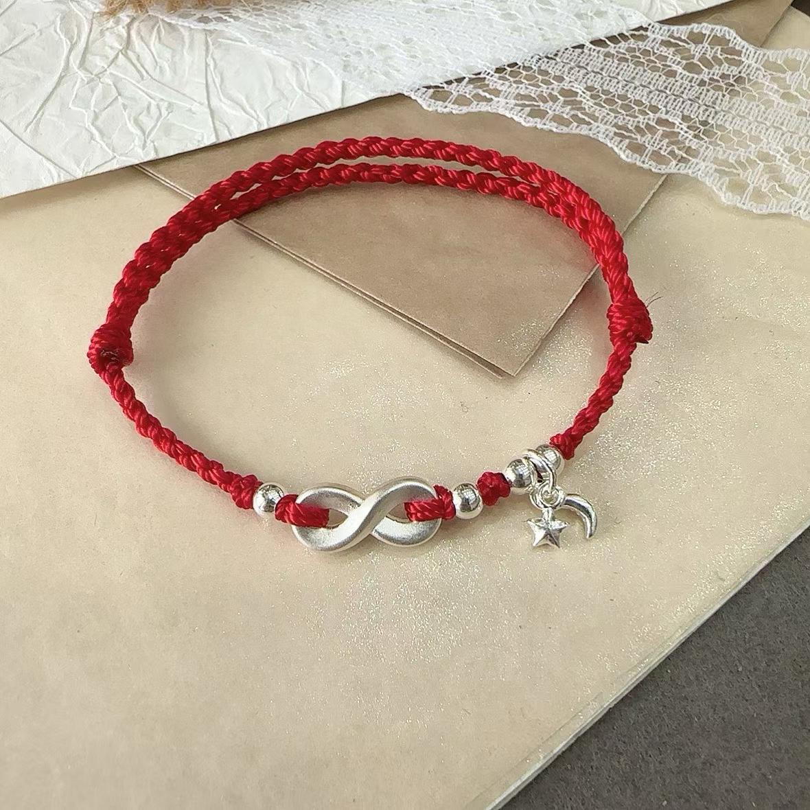 1pcs 999 Sterling Silver Infinity Star Moon Charm Double Red Rope Braided Bracelet, Elegant Chinese Style, For Daily Date Wear & Girlfriend Valentine Lucky Gifts