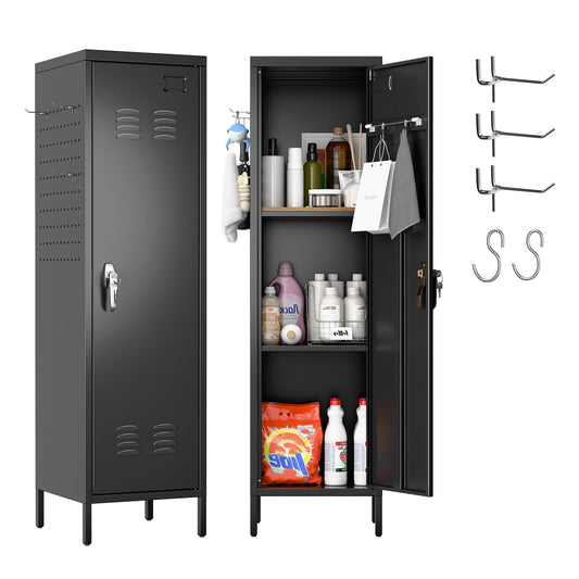 SUPEER Lockable Metal Lockers With Handle,Metal Storage Locker With 2 Pegboard & 5 Hooks For Home,Office,School,54.45inch H X 15inch W X 15inch D,Black,Required Assembly