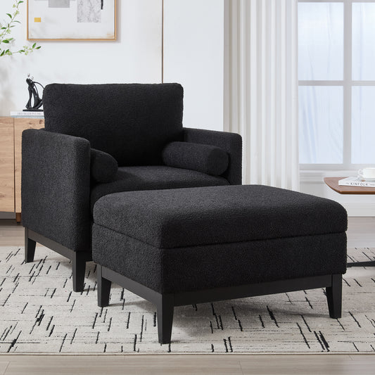 35.4  Wide Farmhouse Performance Upholstered Wood Base Square Accent Arm Chair With Ottoman Black Finish Legs With Reversible Lid Coffee Table For Living Room Office And Lounge,Black Boucle