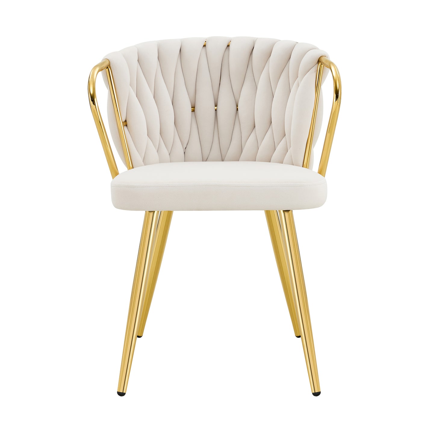Dining Chair With Velvet Cover, Modern Upholstered Chair With Woven Backrest & Golden Metal Legs, Ergonomic Armchair For Dining Room, Living Room & Kitchen, Cream-Gold