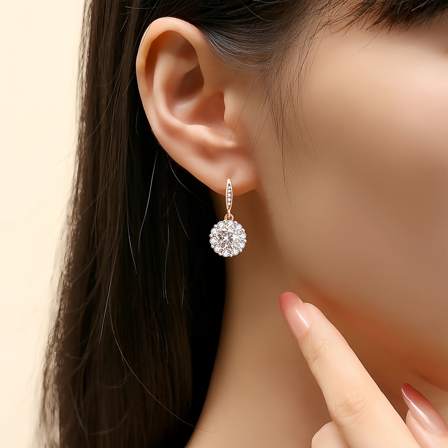 Sunburst Double Halo Round Clear CZ Leverback Dangle Drop Earrings For Women, Copper Rose Gold Plated Bridal Wedding Anniversary Fine Jewelry Gift