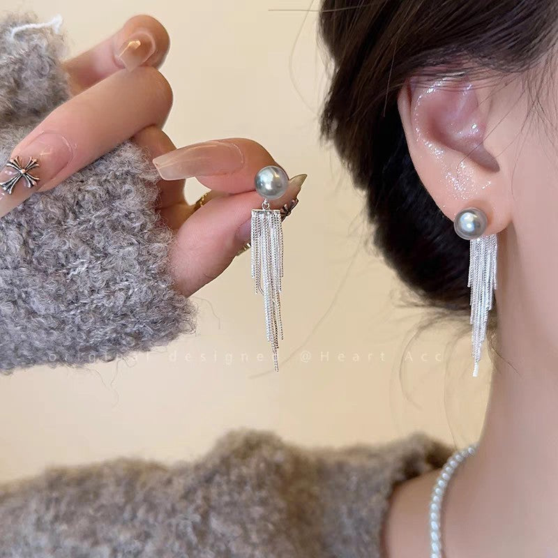 1 Pair 999 Sterling Silver Pearl Long Beaded Tassel Drop Earrings, Elegant & Slimming, Perfect For Daily, Party & Dating, Ideal Valentine's Gift