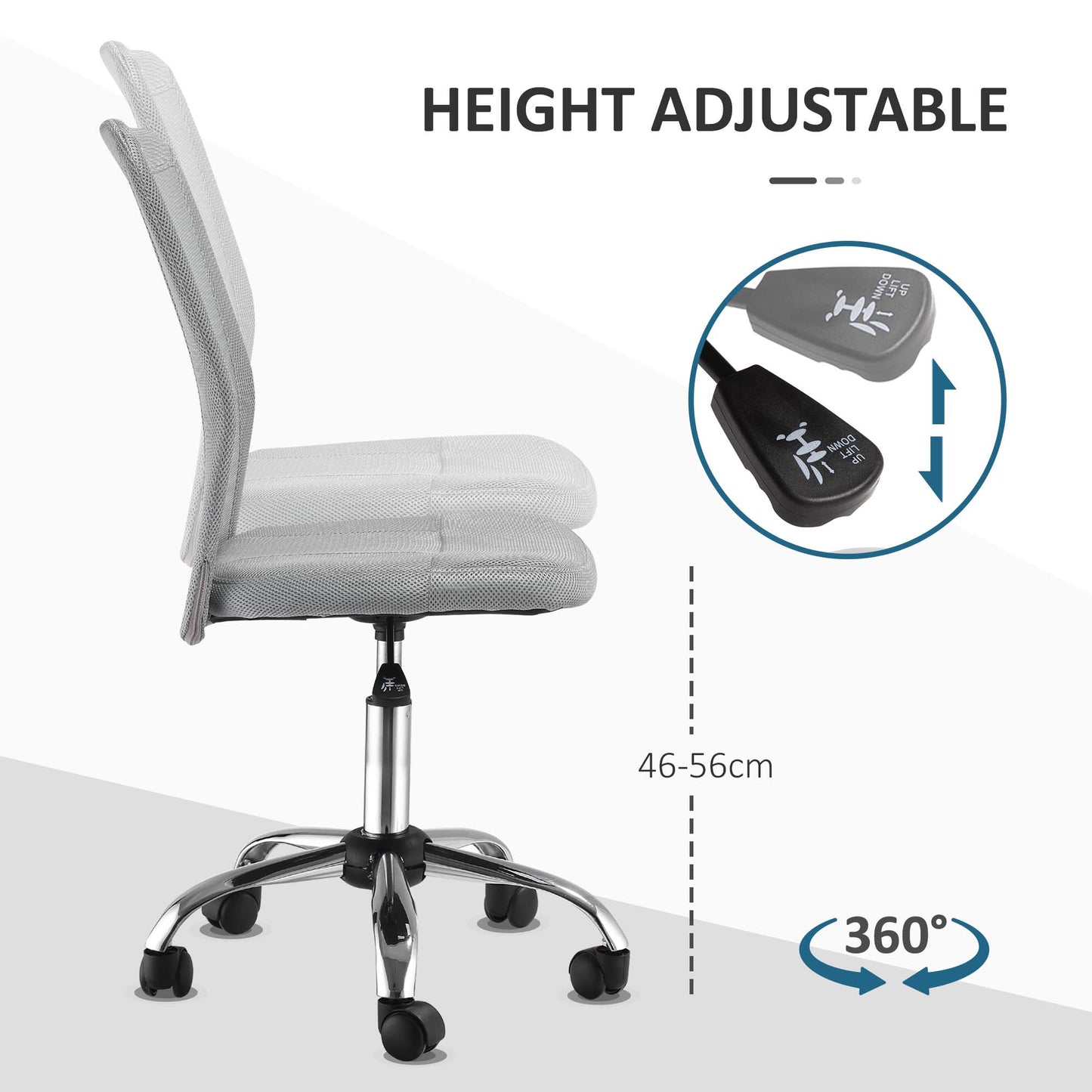 Vinsetto Office Chair, Armless Desk Chair, Adjustable Computer Swivel Chair With Rolling Wheels And Mesh Back For Home Work Study, Grey