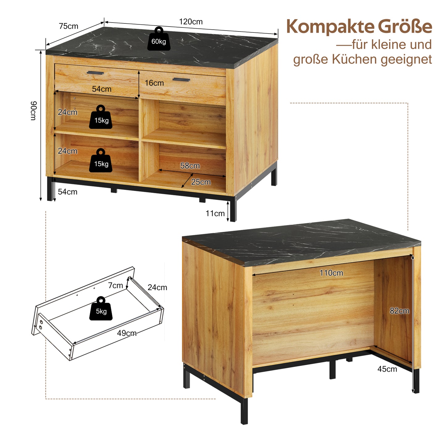 120x75x90cm, Country Style Kitchen Island - Kitchen Island With 2 Drawers And 4 Open Shelves, Oak Grain, Black Marble Worktop, Metal Frame, Back With Bar Area