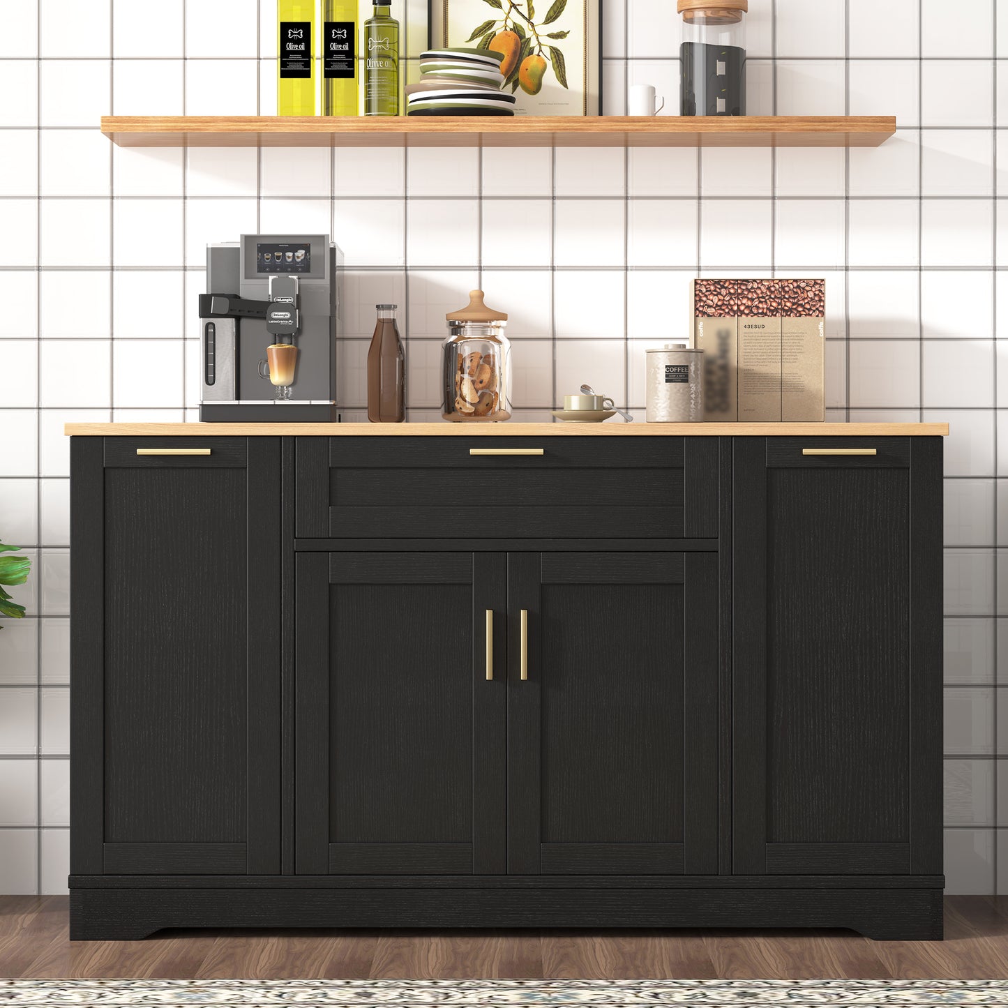 TREXM Multi-Functional Storage Sideboard  Extendable Dining Table  Adjustable Shelves  3-Tier Pull-Out Rack  Kitchen Island Storage For Kitchen  Dining Room  Living Room  Black