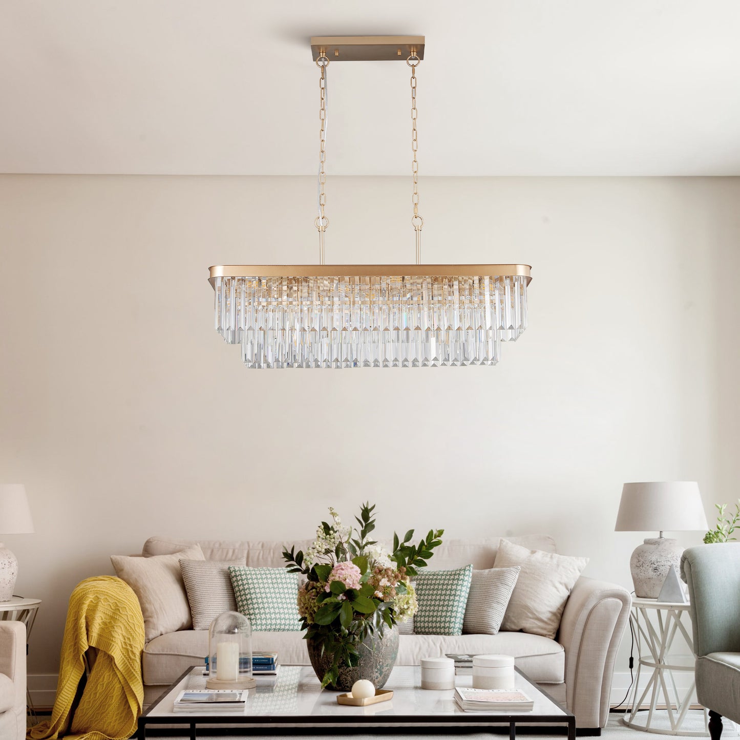 Chandeliers,Rectangular Crystal Chandelier Adjustable,E12 Modern Industrial Crystal Lights,Farmhouse Iron Ceiling Hanging Light For Kitchen Living Room Bedroom GoldBulb Not Included