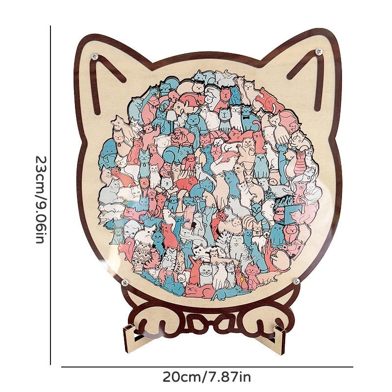 Wooden Puzzle Cute Cat Shape Challenging Irregular Pieces With Frame  3D Cat Design Wooden Jigsaw Puzzles Home Decoration Ornament Birthday Gift For Kids