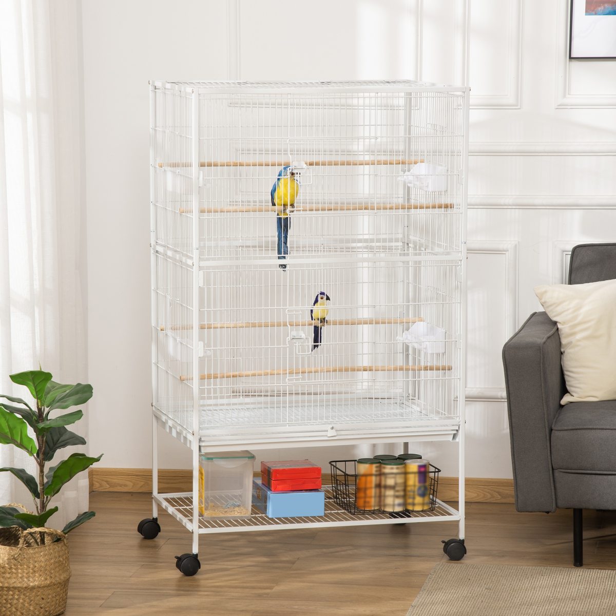 PawHut Large Bird Cage Budgie Cage For Finch Canaries Parakeet With Rolling Stand, Slide-out Tray, Storage Shelf, Food Containers, White