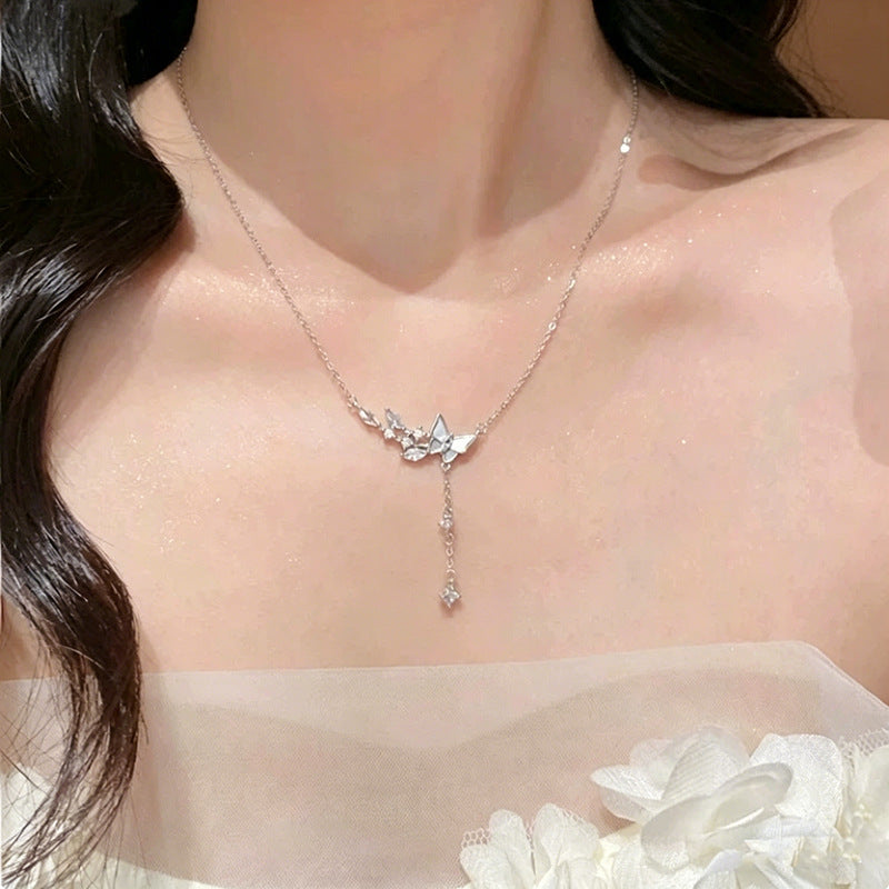999 Fine Silver Butterfly Necklace With Tassel & White Shell, Forest Style Luxury Clavicle Chain, Gift For Girlfriend & Best Friend