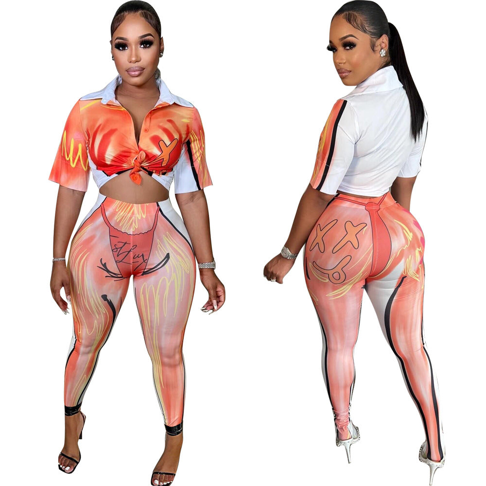 Two-piece Summer Printing Temperament Commute Sweet Beauty