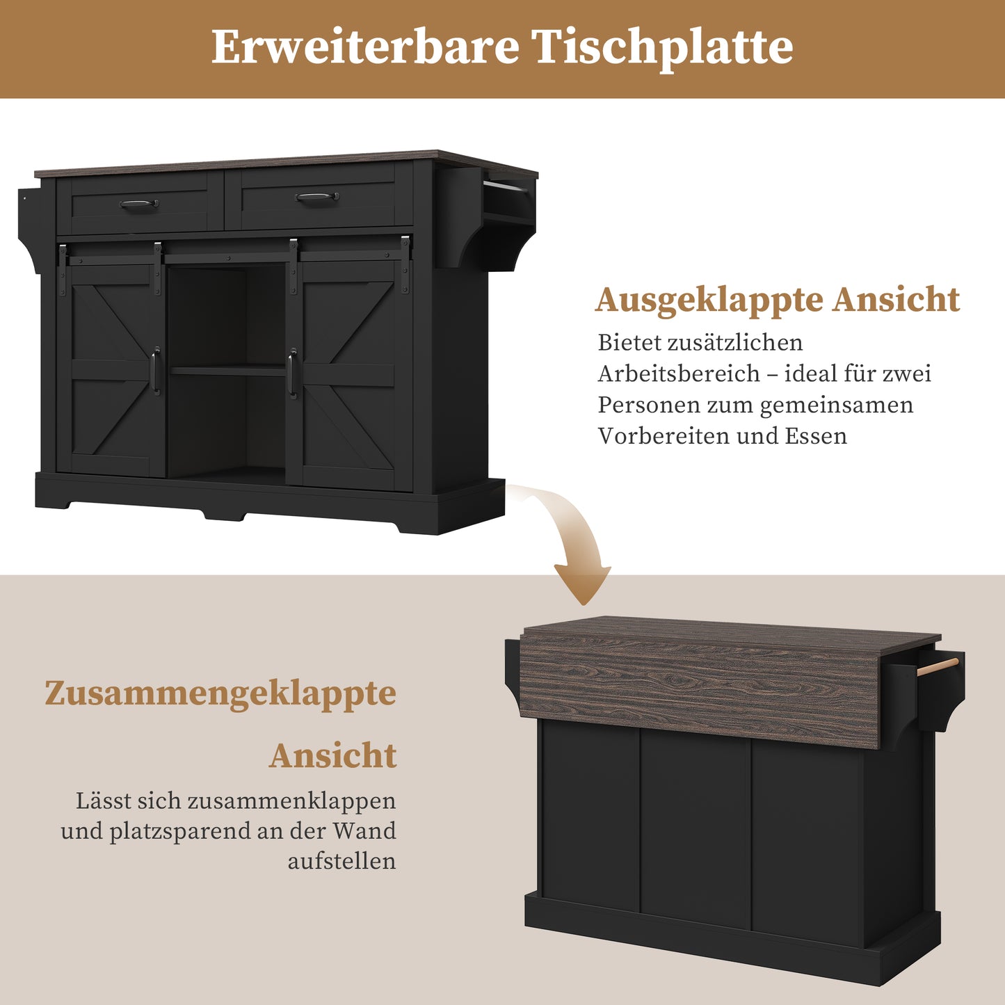 Kitchen Island With Folding Worktop, Kitchen Trolley On Wheels, Kitchen Cabinet With 2 Sliding Doors And 2 Drawers, Barn Style, Black, Kitchen Storage Cabinet, 120X45X91 Cm