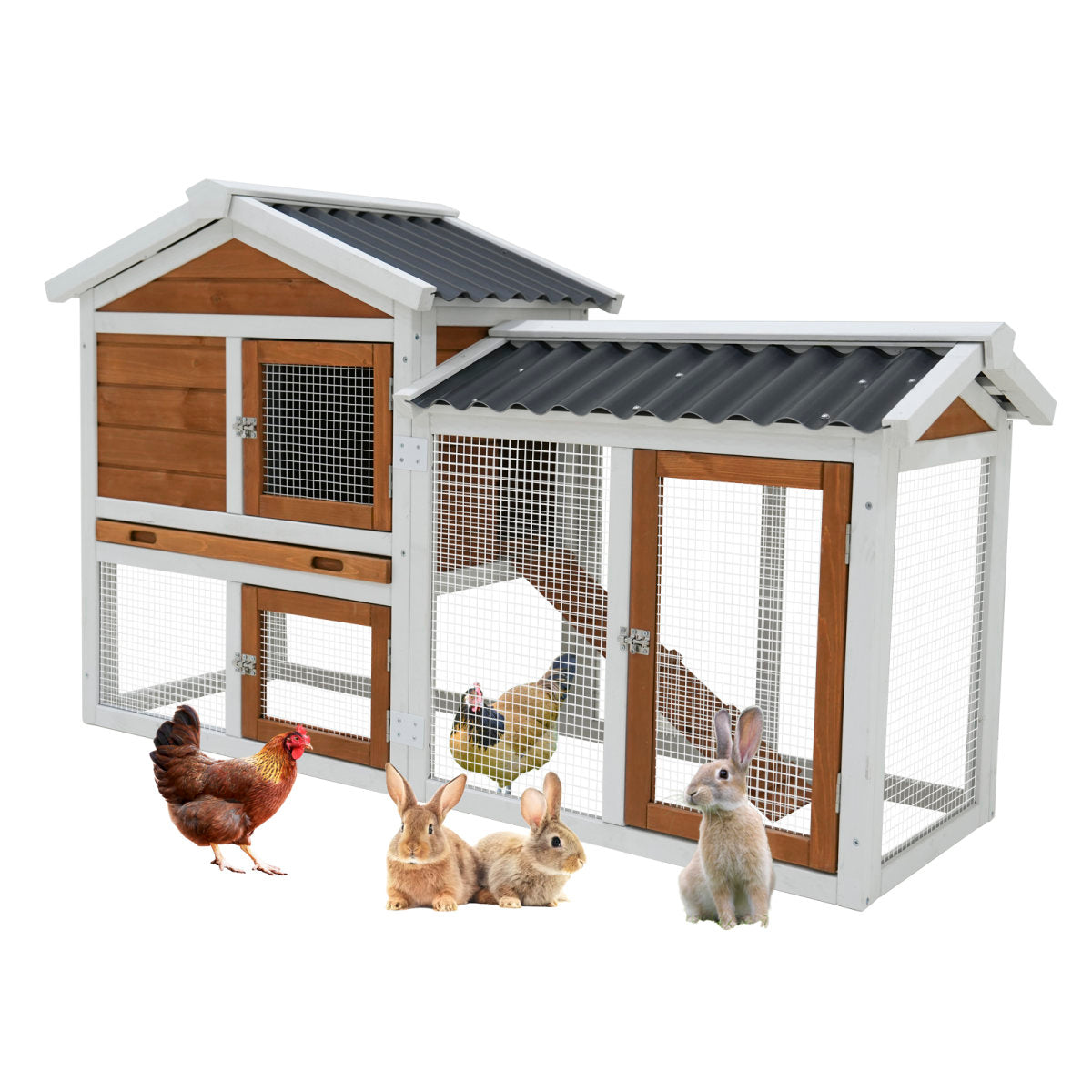 58  Wooden Outdoor Indoor Roof Waterproof Bunny Hutch Rabbit Cage Guinea Pig Coop PET House For Small To Medium Animals With Stairs And Cleaning Tray