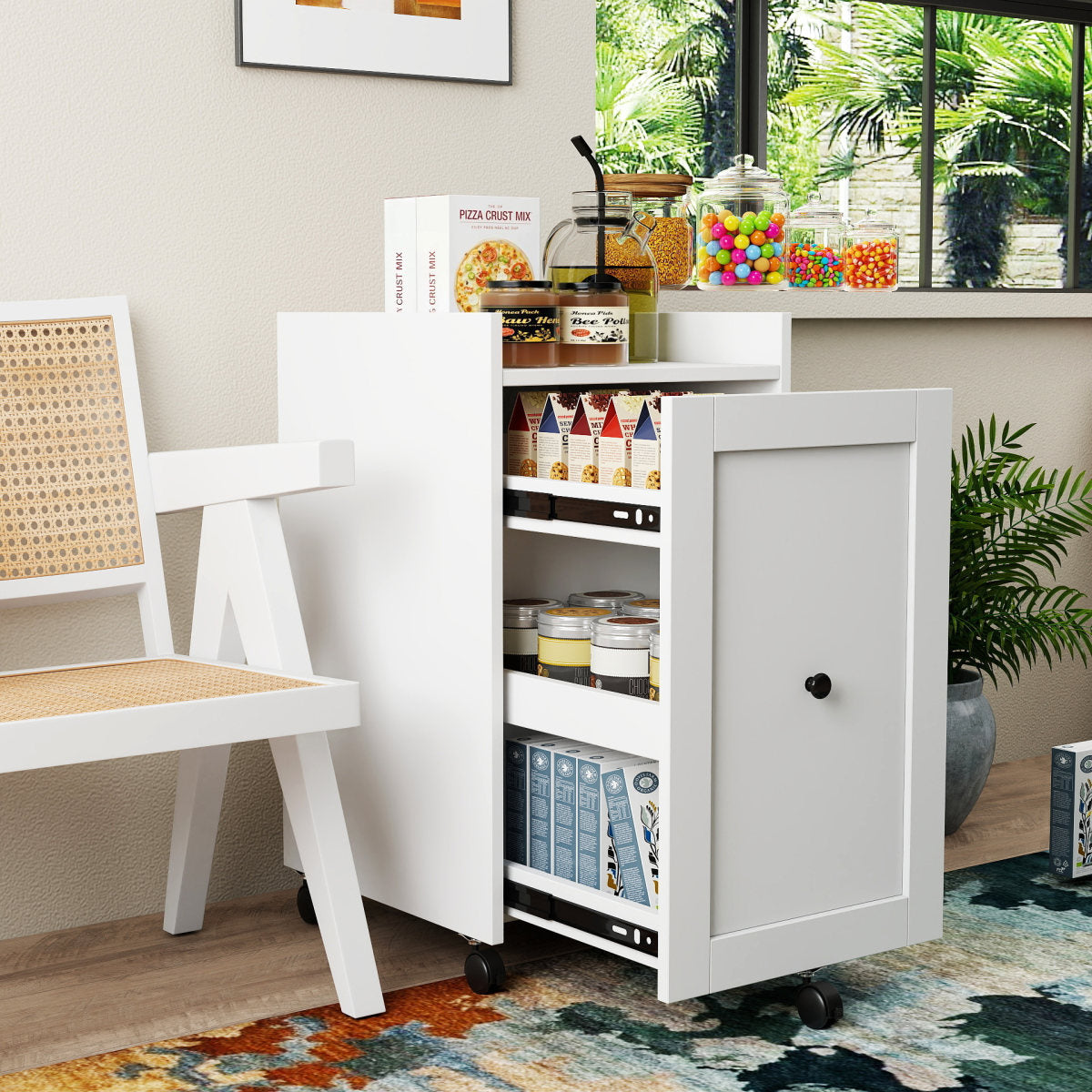 Organizer For Pantry -Sliding Out Snack Cabinet , Multi-Layer Soda Can Organizer For Pantry, Mobile Snack Storage Rack With Wheels