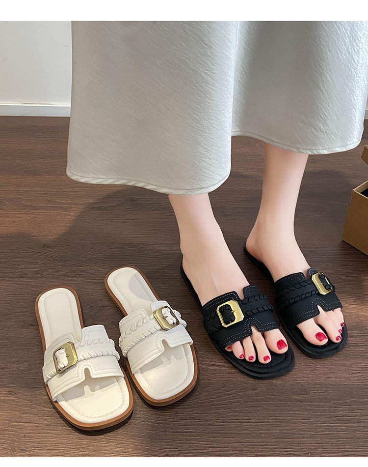 Square Woven Flat Bottomed One-piece Slippers For Women's Summer Outdoor Wear, Beach Vacation Beach Shoes, Retro Style Versatile Slippers