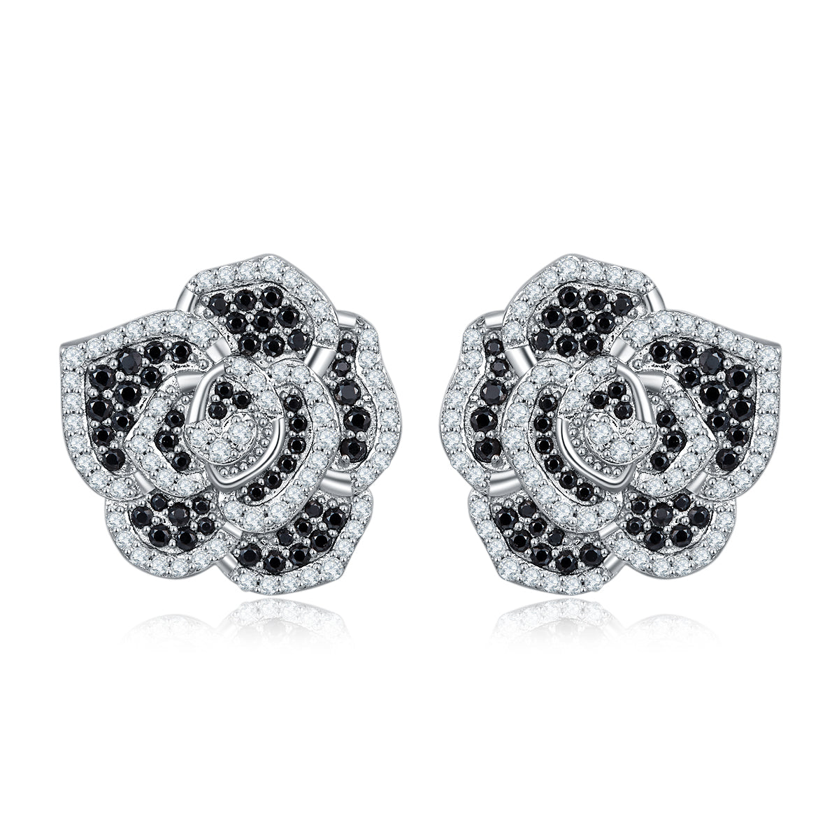 S925 Sterling Silver Black & White Rose Stud Earrings, D-VVS1 Moissanite Pave Flower, Platinum Plated 3.4g, Women's Jewelry Gift Box