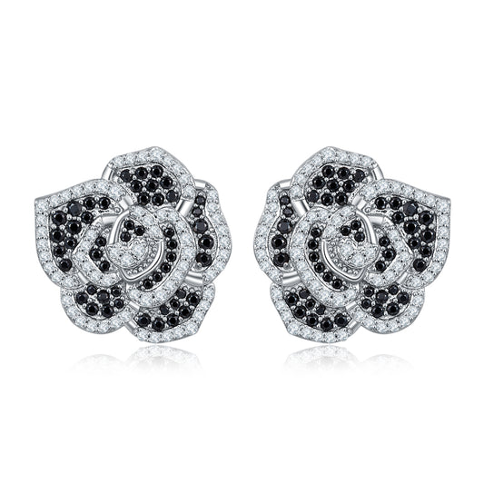 S925 Sterling Silver Black & White Rose Stud Earrings, D-VVS1 Moissanite Pave Flower, Platinum Plated 3.4g, Women's Jewelry Gift Box