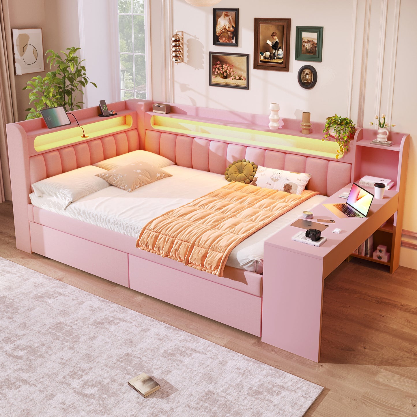 140x200 Padded Daybed With USB Ports And LED Belt, With Desk And 2 Drawers, Pink