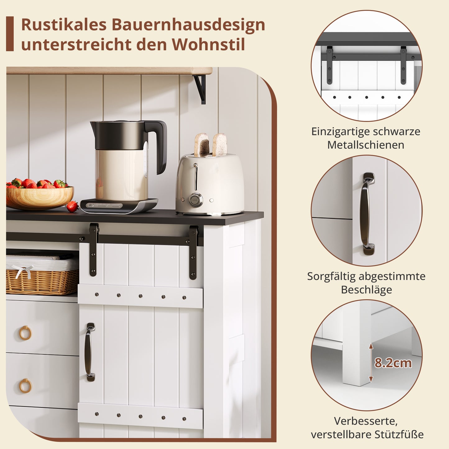 Buffet Cabinet With Storage, 120 Cm Wide Side Cabinet With Sliding Doors And 3 Drawers, Rustic Wooden Coffee Bar Buffet Table, Suitable For Kitchen, Dining Room And Living Room, White