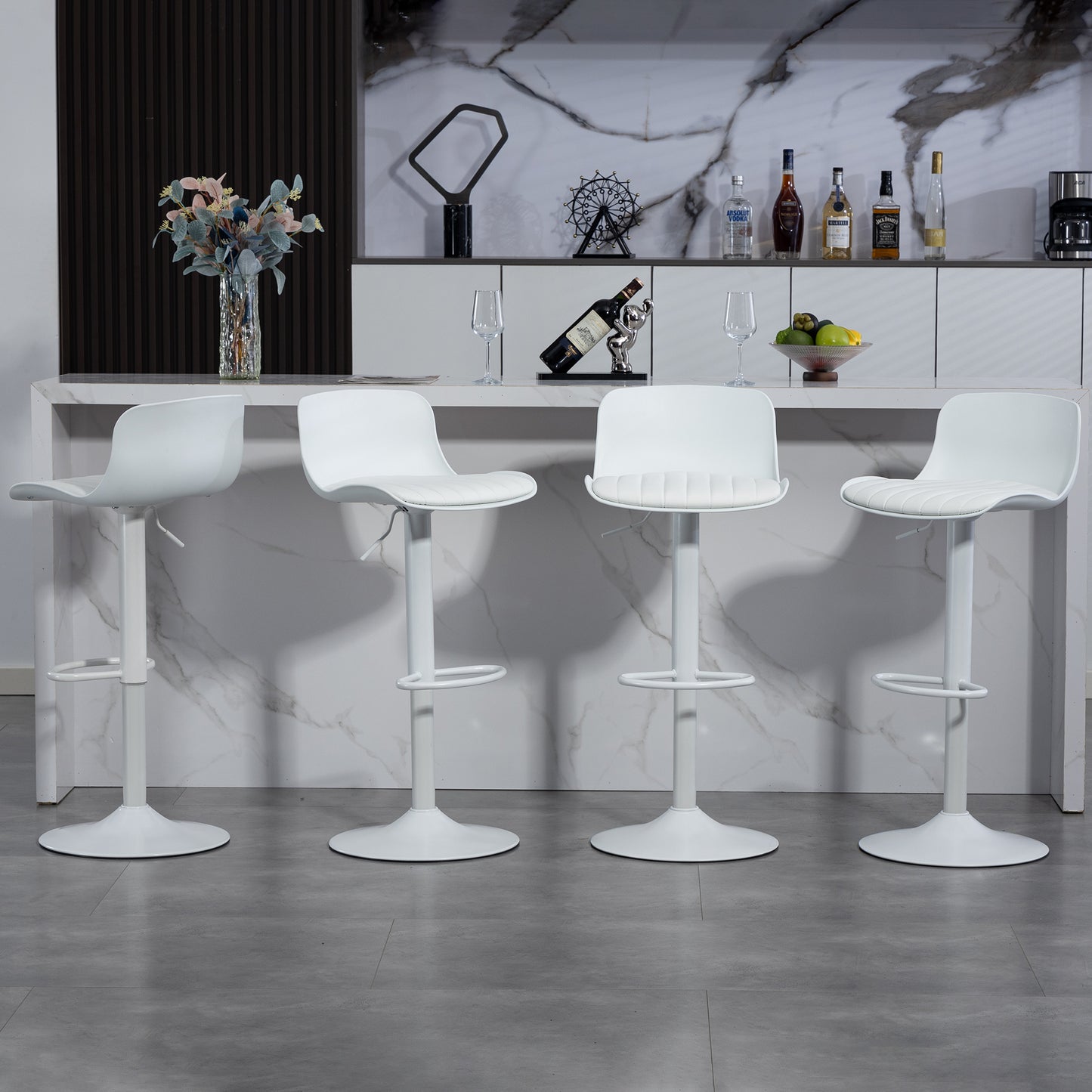 Modern Adjustable Swivel Bar Stools Set Of 2, Plastic Backrest & Faux Leather Seat, Gas Pressure Lift Height, Metal Base With Footrest, Kitchen Counter Bar Stool