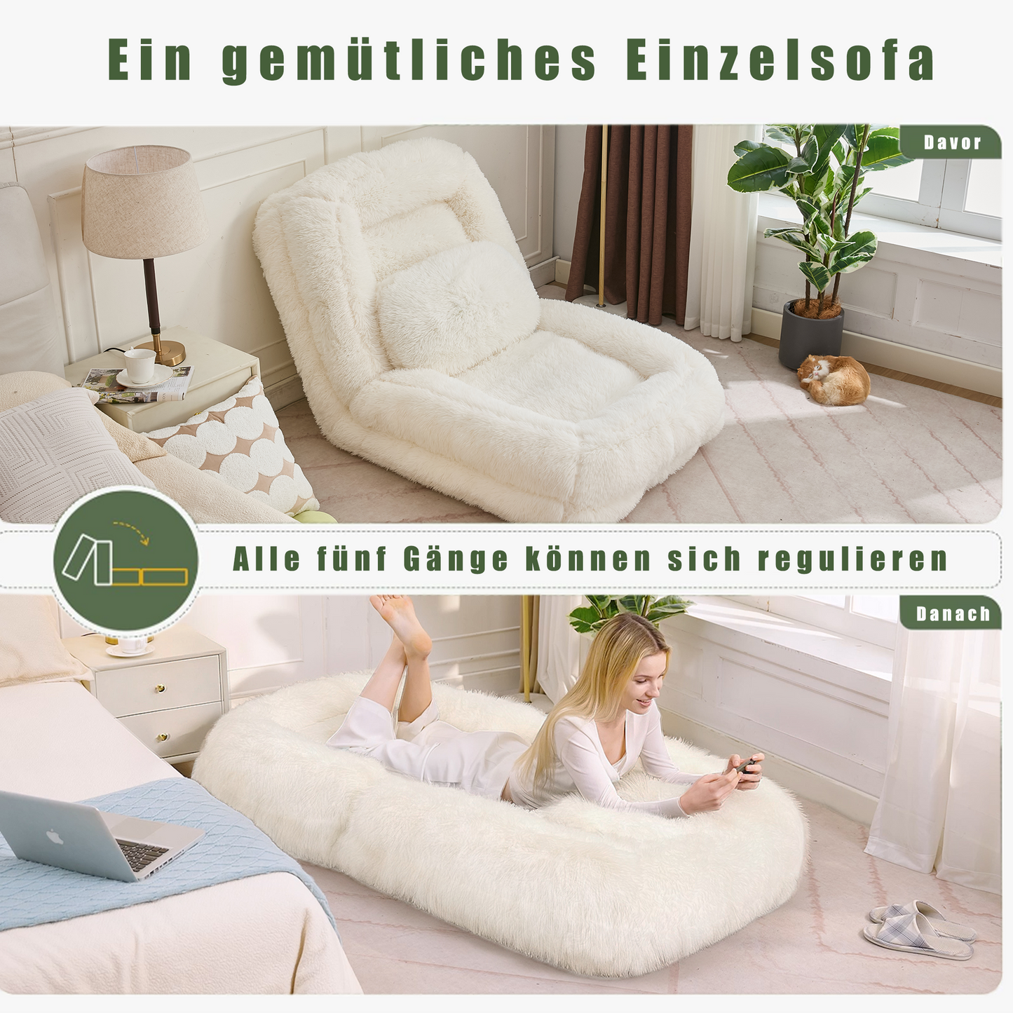 New Arrivals  Video Provided Human Dog Bed, Lazy Sofa, 5 Tier Adjustable, Gaming Chair On Floor, Living Room, Suitable For Gaming, Meditation, Relaxation, Plush Fabric, Beige