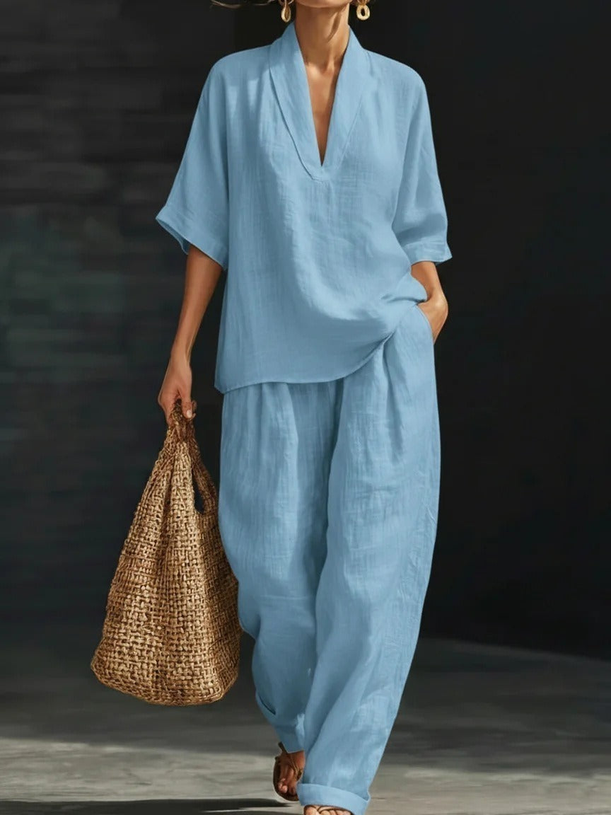 2026 Hot Sale Spring Summer Women's Set, Fashion V-Neck Short Sleeve Loose Top With Pocket Pants