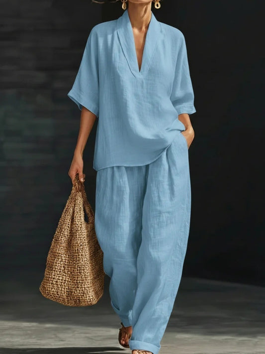 2026 Hot Sale Spring Summer Women's Set, Fashion V-Neck Short Sleeve Loose Top With Pocket Pants