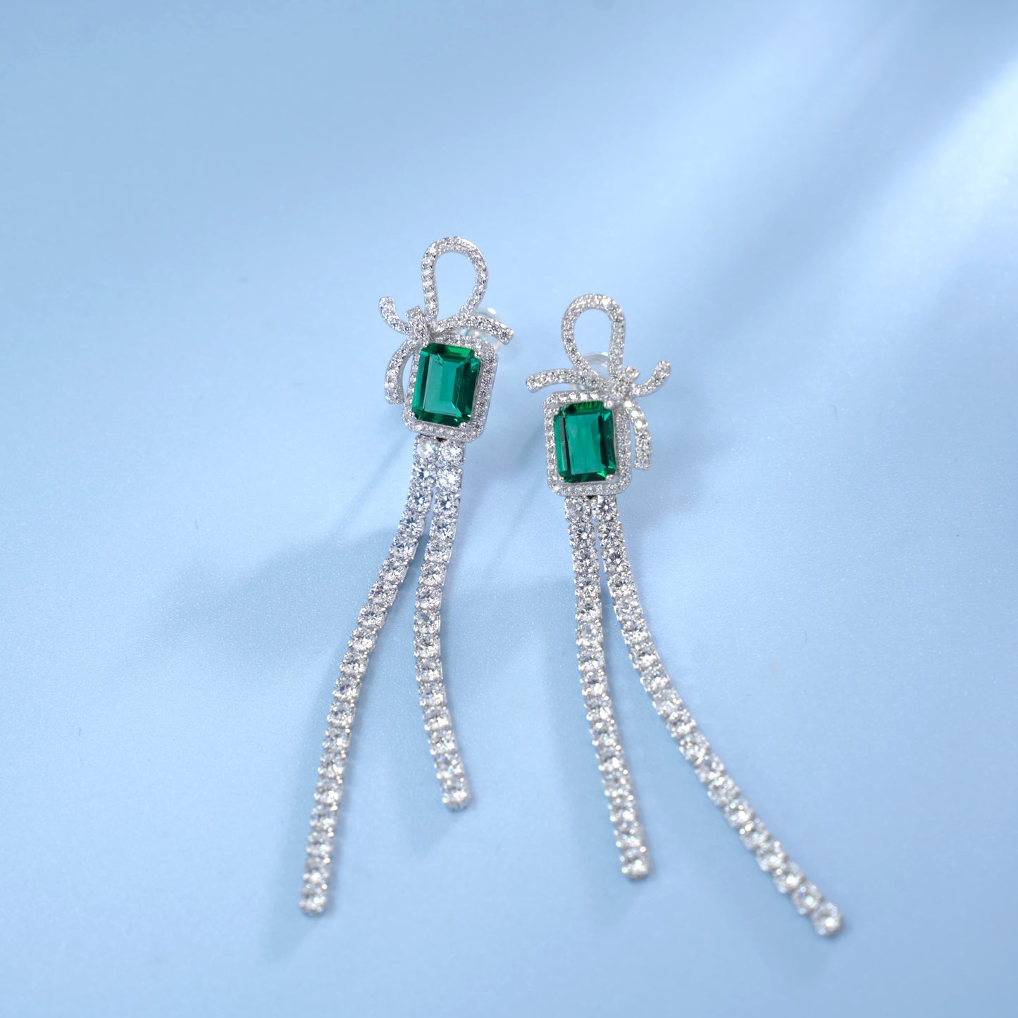 S925 Sterling Silver Bow Tassel Dangle Earrings, 8x6mm Lab-Grown Ruby & Emerald, Platinum Plated 8.1g Women's Luxury Jewelry Gift Box