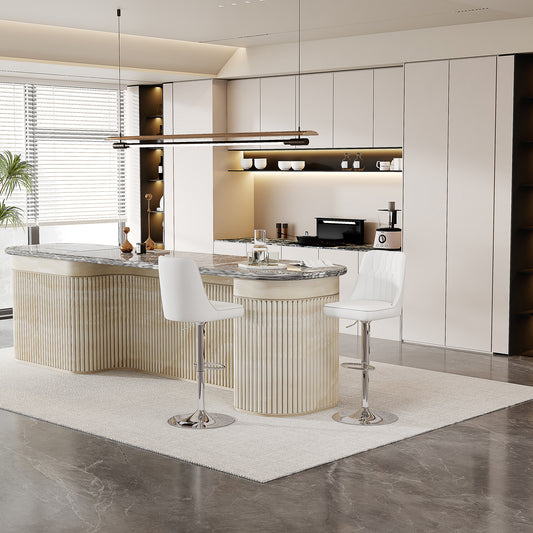 Height-adjustable Bar Stool In Set Of 2, 360 Swivel, Backrest With White PU Leather And Quilted Pattern, Legs Made Of Silver Metal. Suitable For Kitchen Islands And Bar Counters.