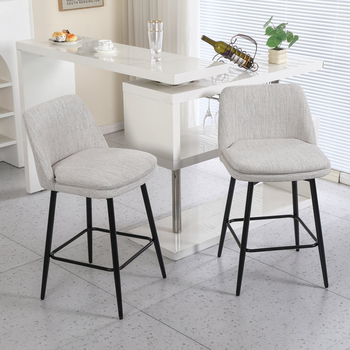 Counter Height Swivel Bar Stools Set Of 2, 360 Swivel Upholstered Barstools With Back And Metal Legs, 25.6 Seat Height,Counter Stools For Kitchen Island And Pub,Linen Cloth,Off White Linen.