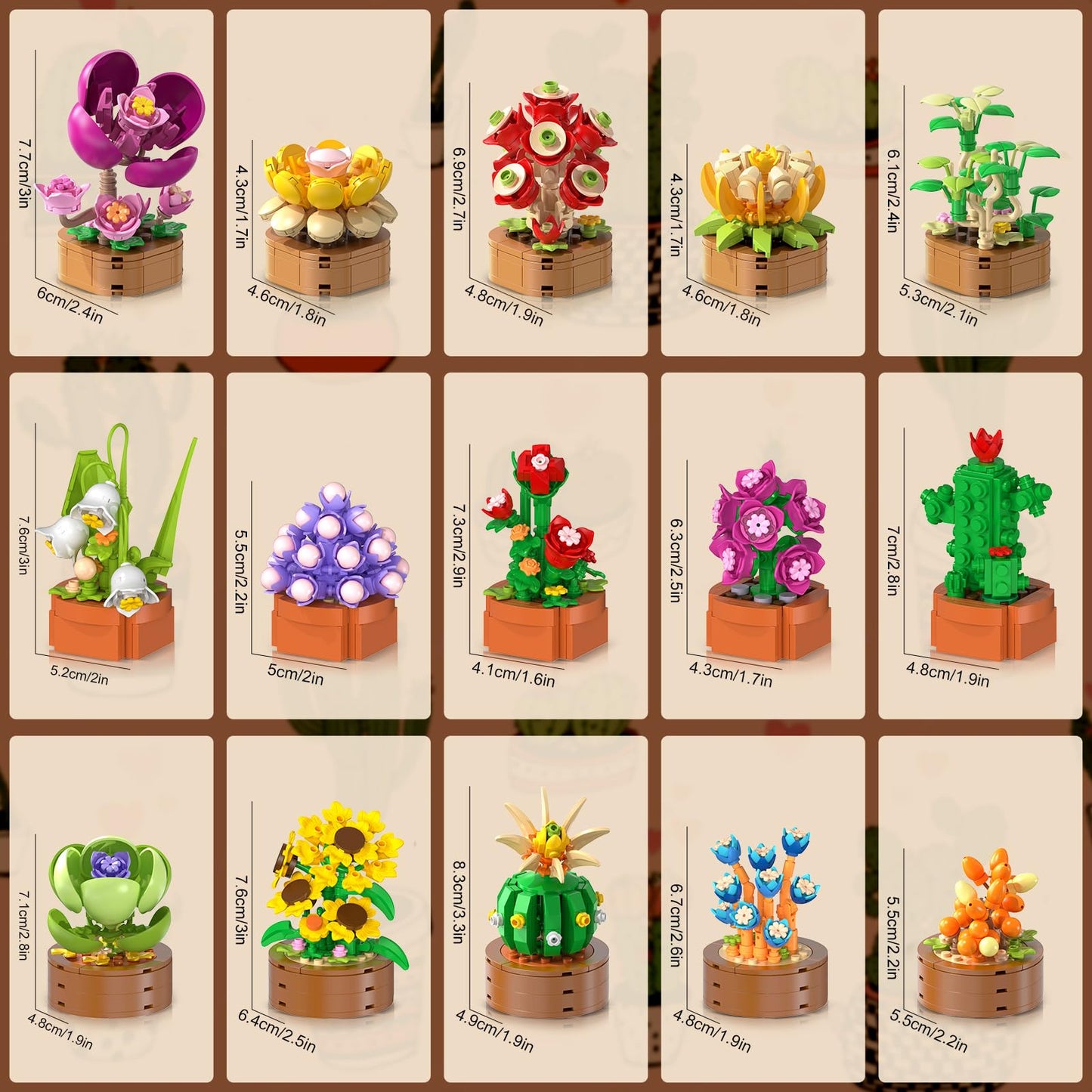 15 Pack Flowers Plants Mini Building Set-3.6MM Flower Succulents Botanical Block Toy For Home Office Decor, Easter Birthday Gifts For Adults Women Boys Girls