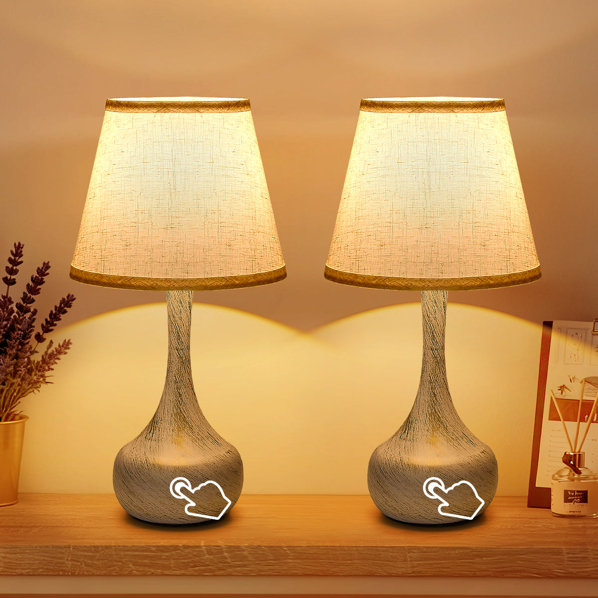Touch Bedside Lamp Set Of 2, Farmhouse 3-Way Dimmable Table Lamps For Nightstand With Fabric Shade, Desk Lamp For Reading, Bedroom, Livingroom, Office