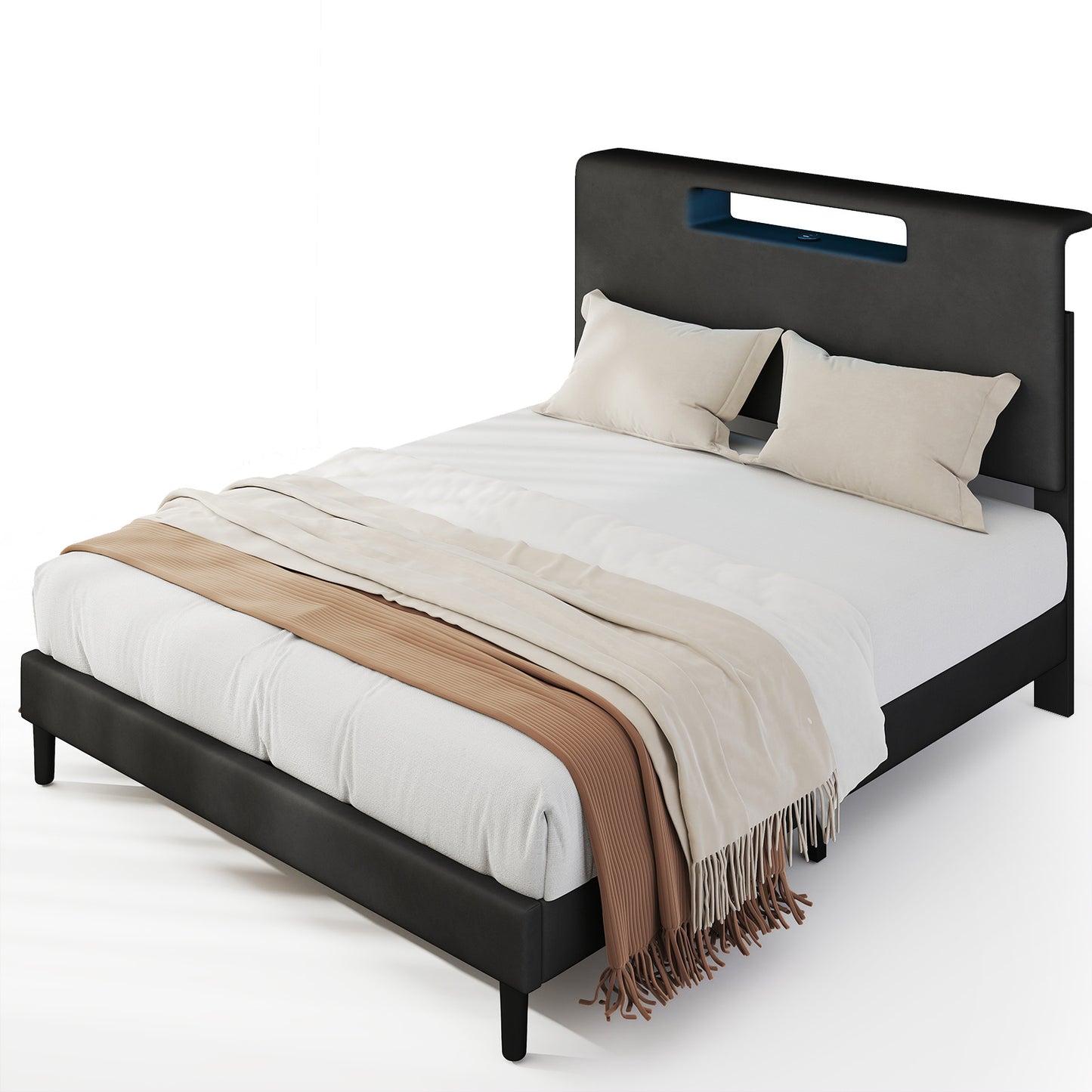 Full Size Upholstered Bed Frame With High Headboard Adjustable LED Lights Charging Port Wood Slat Support Platform Bed Frame Noiseless No Box Spring Needed Easy Assembly Black