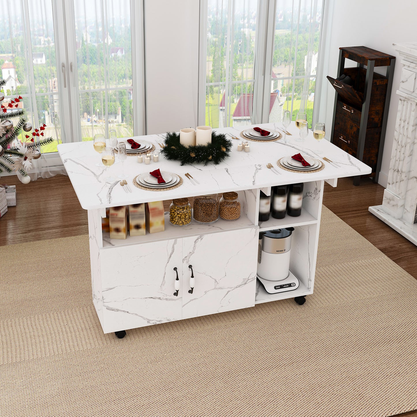 Multi-Functional Folding Table With Storage Shelves And Wheels  47 Inch Foldable Dining Table For Small Spaces  Compact Desk For Kitchen  Dorm  Office White
