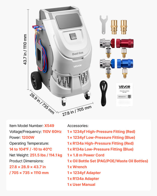 Fully Automatic Refrigerant Recovery Machine For R134a & 1234fy, ≥98.5% Accuracy, 10-Inch Touch Screen, AC Recovery, Vacuum, And Recharging For Standard And High Voltage Automotive A/C Systems