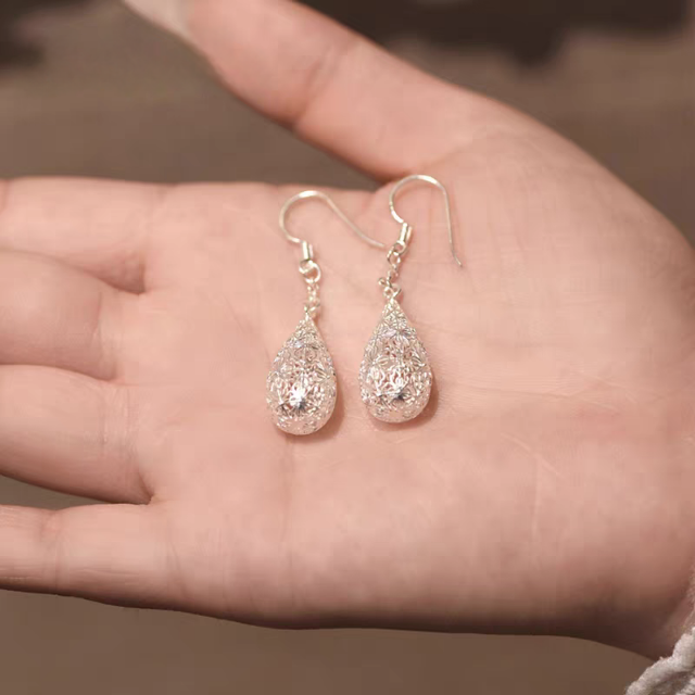 1 Pair 999 Sterling Silver Filigree Hollow Teardrop Drop Earrings, Retro & Elegant, Perfect For Daily, Party & Dating, Ideal Valentine's Gift