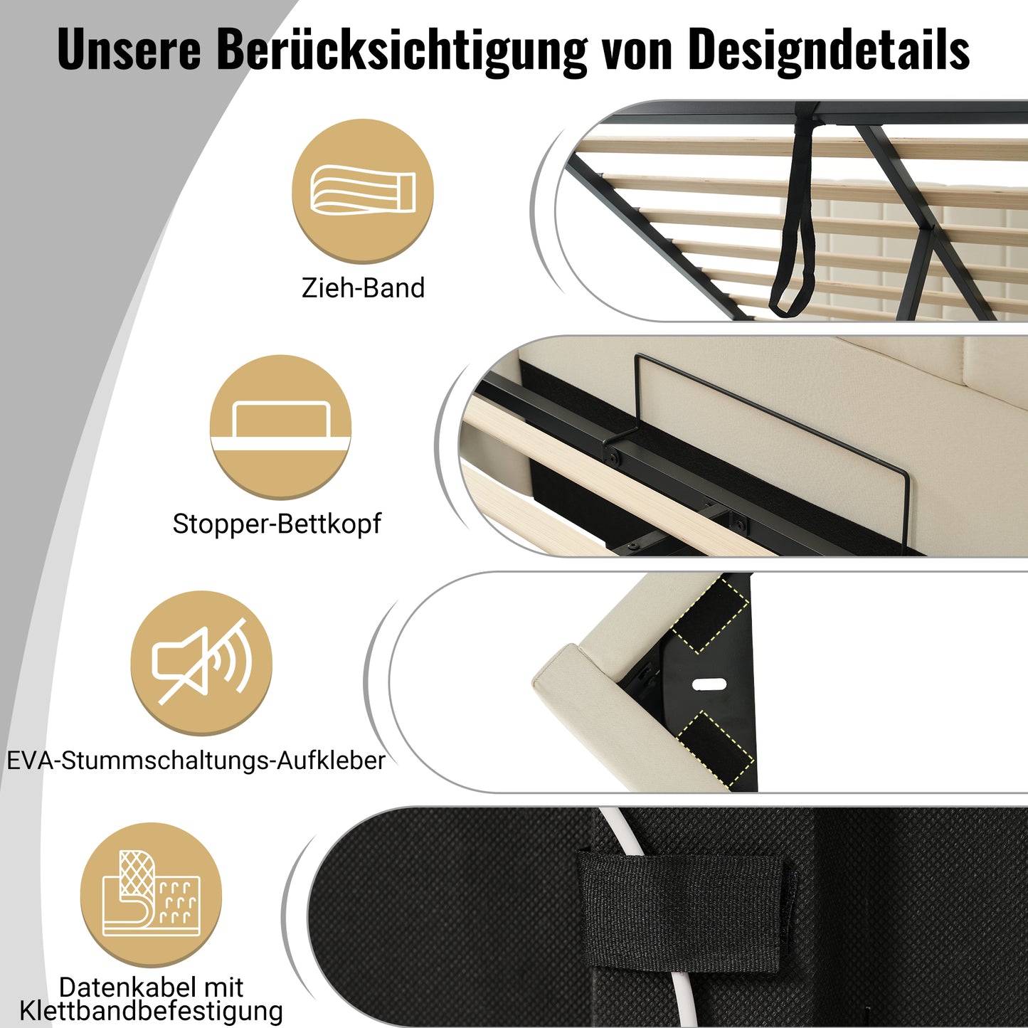 Upholstered Bed 180x200, Double Bed Storage Bed With LED And USB-C Charging Function, Bed Frame With Slatted Base, Linen, Beige, Without Mattress And Bedside Table