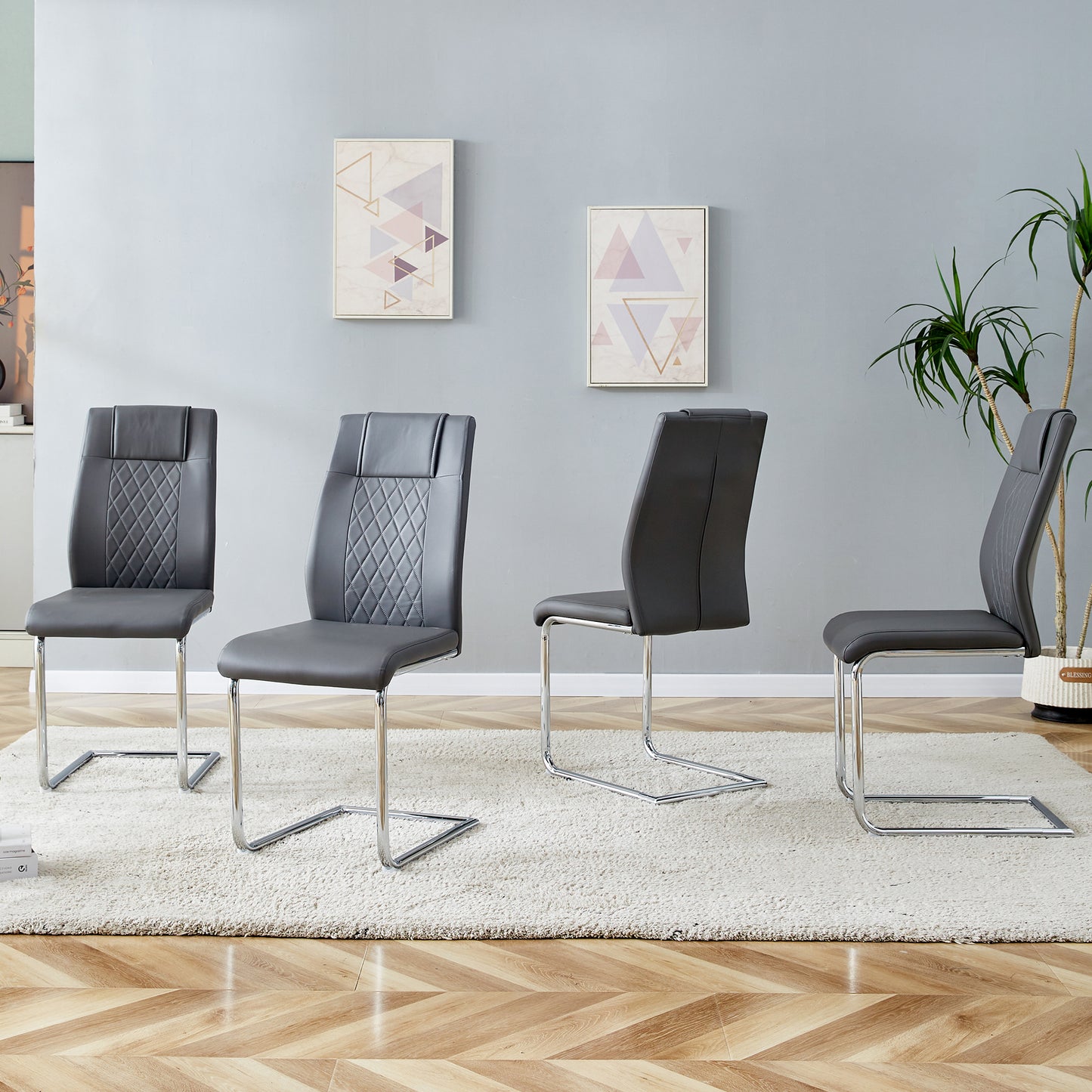 Modern Dining Chairs With Faux Leather Padded Seat Dining Living Room Chairs Upholstered Chair With Metal Legs Design For Kitchen, Living, Bedroom, Dining Room Side Chairs Set Of 4  Grey PU C-001