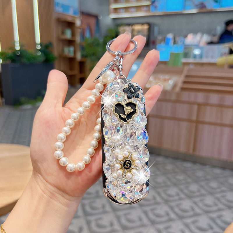 Crystal Glass Diamond Portable Makeup Mirror Comb Keychain