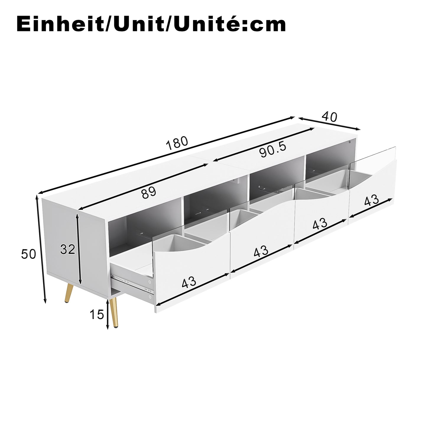 Modern TV Cabinet 180 X 40 X 50 Cm With LED Lighting, White Body, Golden Metal Feet, Glass Front & Storage Space  Stylish Lowboard For Living Room