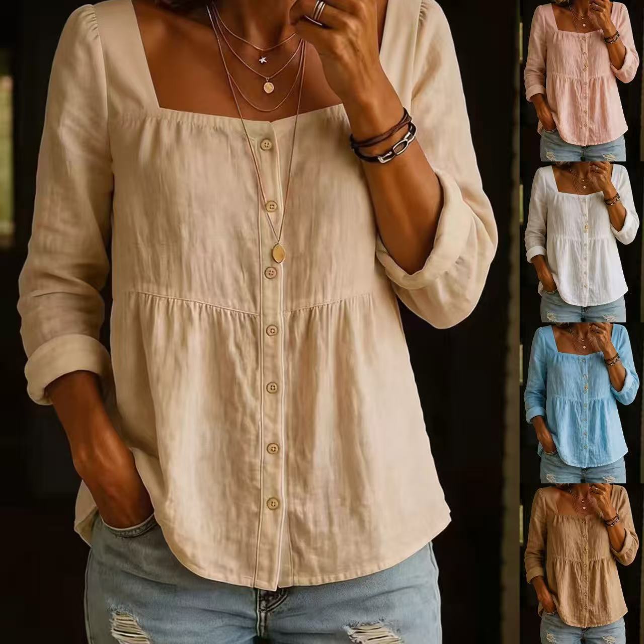 Womens Fashion Solid-color Long-sleeve Square-neck Button-up Shirt