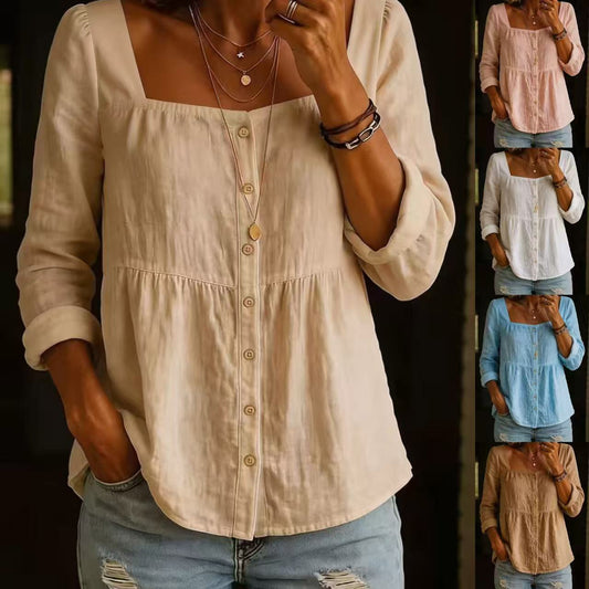 Womens Fashion Solid-color Long-sleeve Square-neck Button-up Shirt