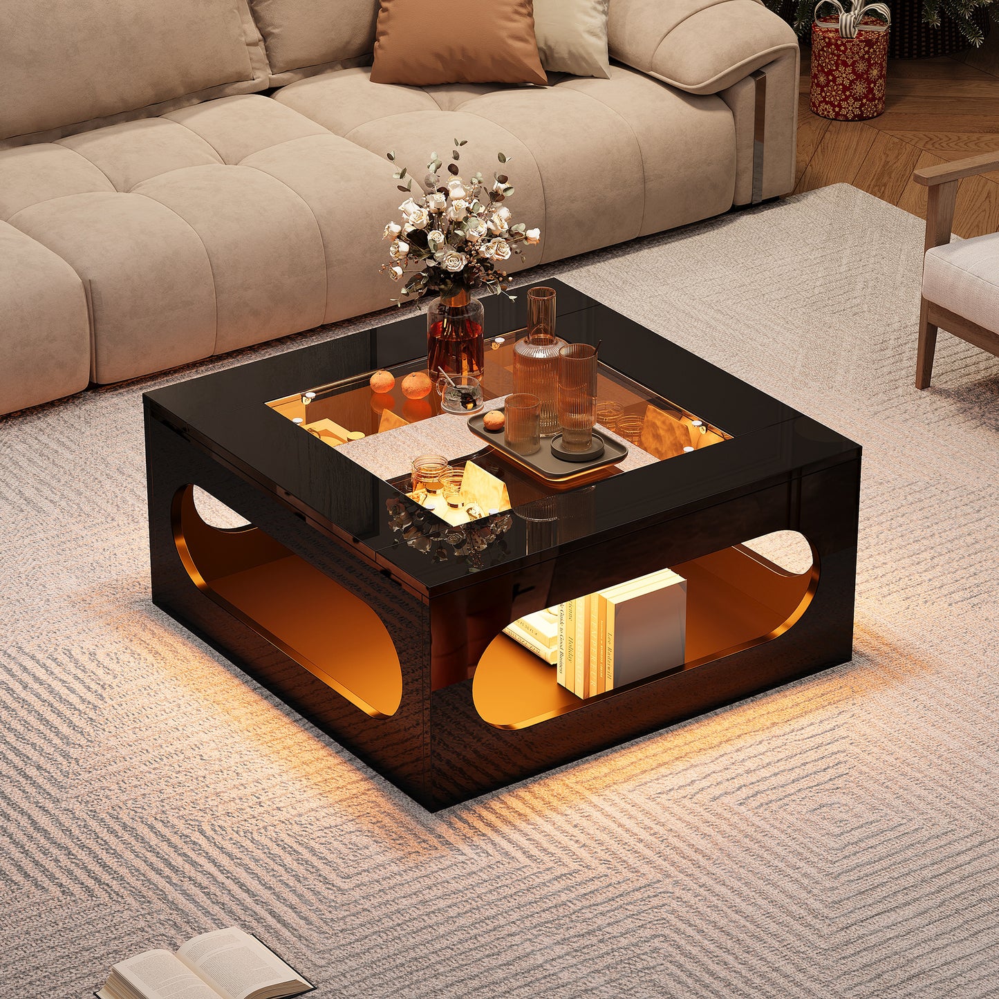 70x70x35cm Square Living Room Table, Hollowed Out Coffee Table In Middle, Tea Table With Tempered Glass Top,High Gloss LED Living Room Side Table,Christmas Party Table,Black, MDF