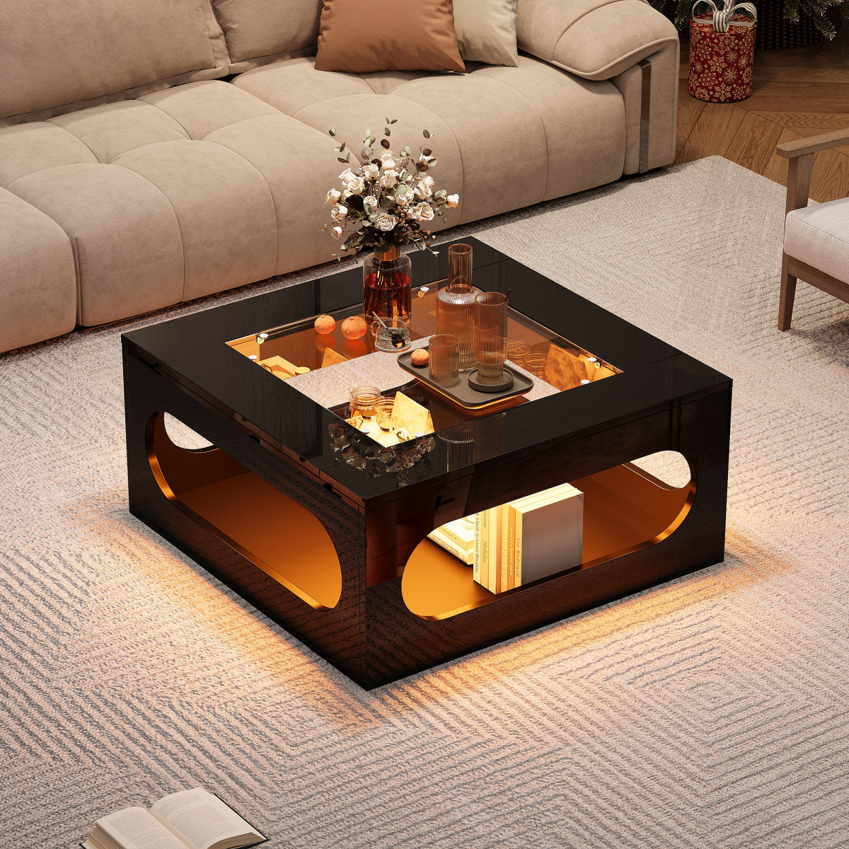 70x70x35cm Square Living Room Table, Hollowed Out Coffee Table In Middle, Tea Table With Tempered Glass Top,High Gloss LED Living Room Side Table,Christmas Party Table,Black, MDF