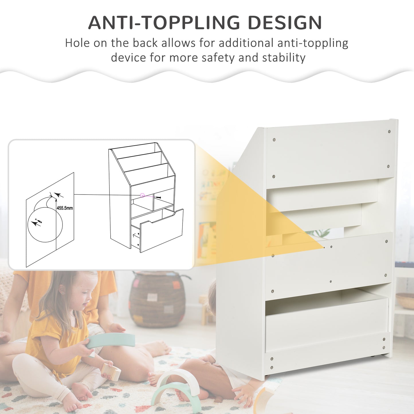 Kids Bookcase Multi-Shelf Book Rack With Mobile Drawer For Books, Toys, White