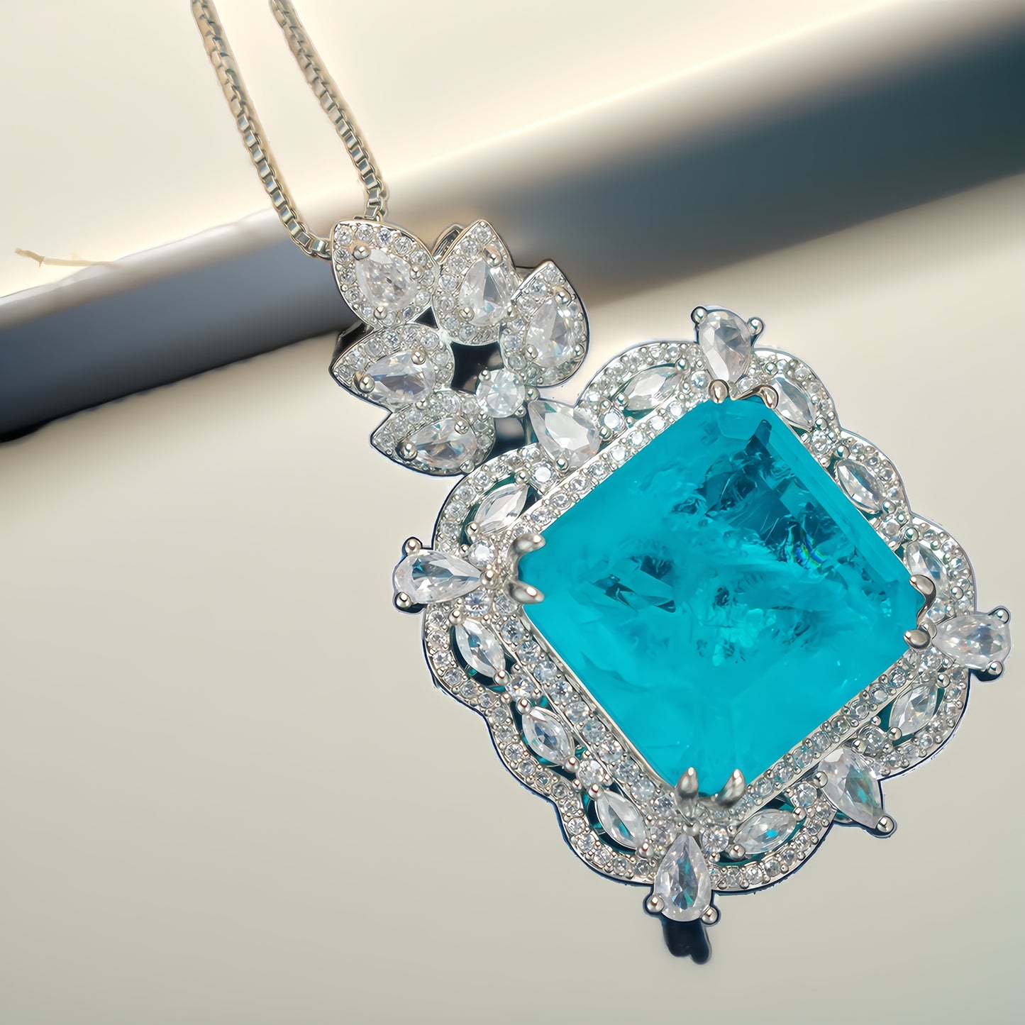 Square Cut Paraiba Blue CZ Multi-Shape Halo Pendant Necklace For Women, Copper Plated Silver Pear & Round White Cubic Zirconia Vintage Luxury Wedding Statement Jewelry Gift