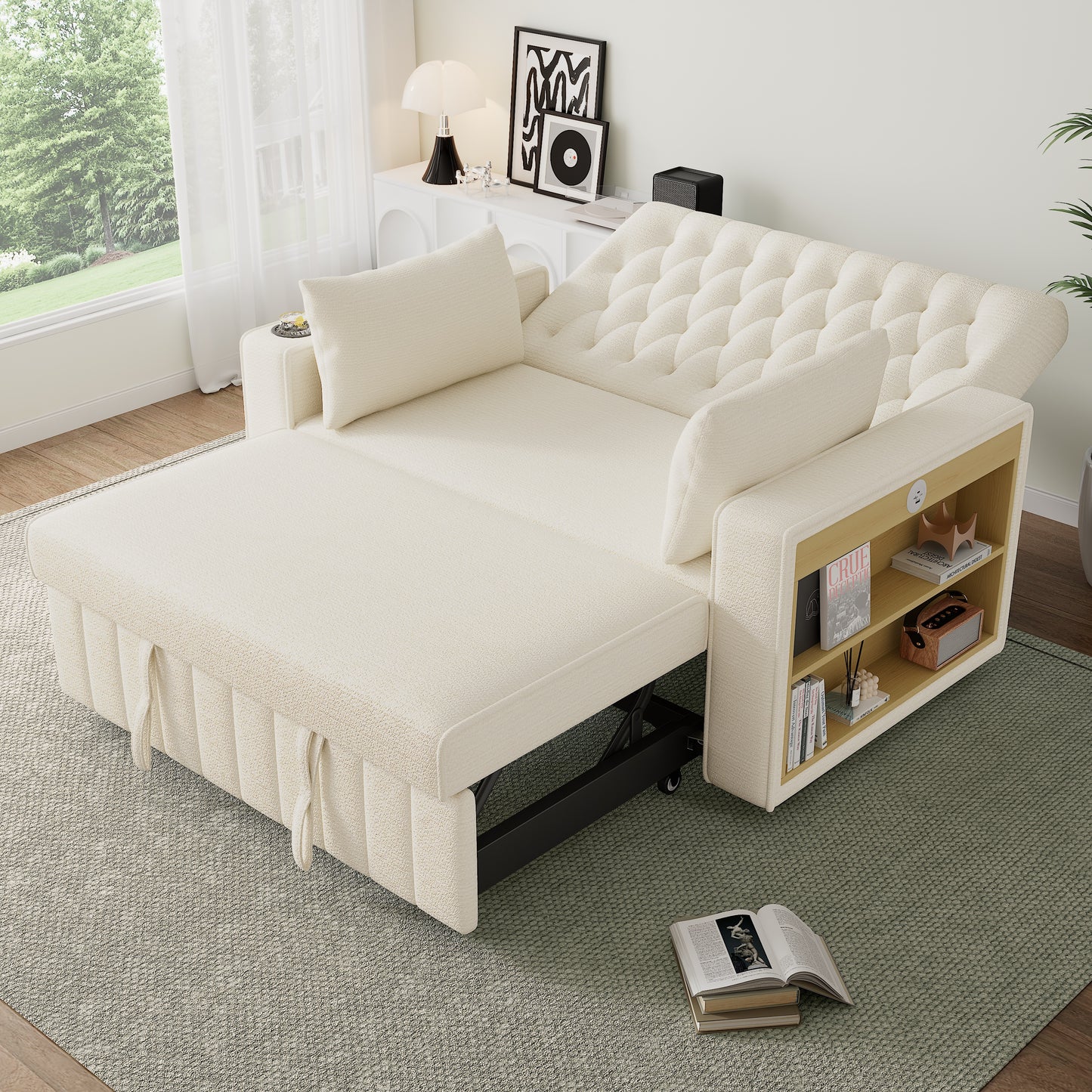 Modern 3 In 1 Folding Sofa Bed With Storage, Pull Out Chenille Sleeper, Cup Holders, USB Charging Port & Cushions, Convertible Double Sofa For Living Room, Bedroom, Guest Room,  Beige